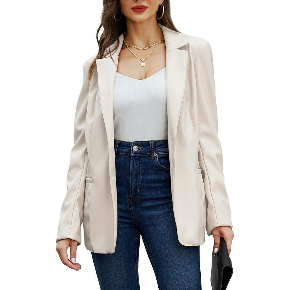🆕 Women White Faux Leather Blazer Jackets Spring Fashion Vegan Button Down Coat
